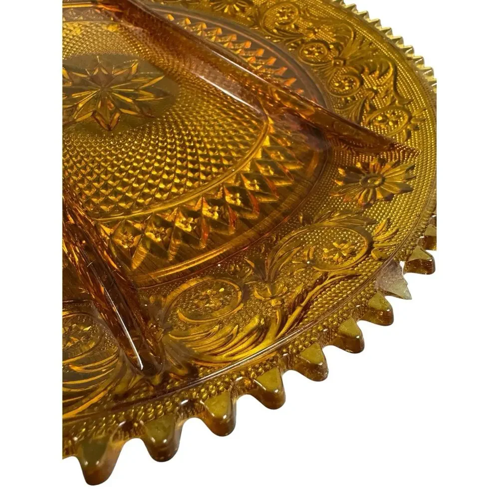 Amber Tiara Pattern Divided Indiana Sandwich Glass Fall Serving Platter 12